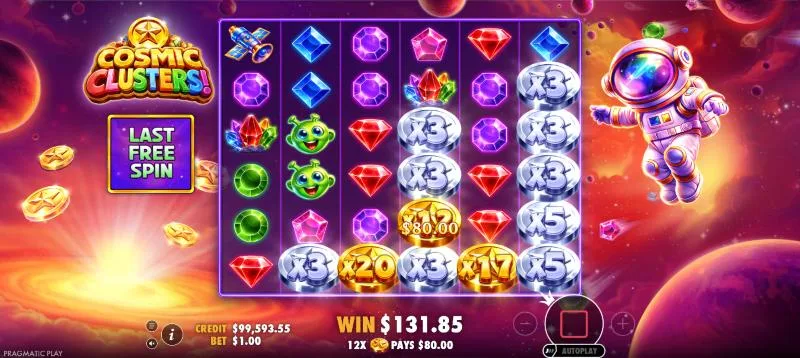 Super Free Spins in Cosmic Clusters!: twelve silver and gold coins joined in one cluster paying $80 on the last free spin