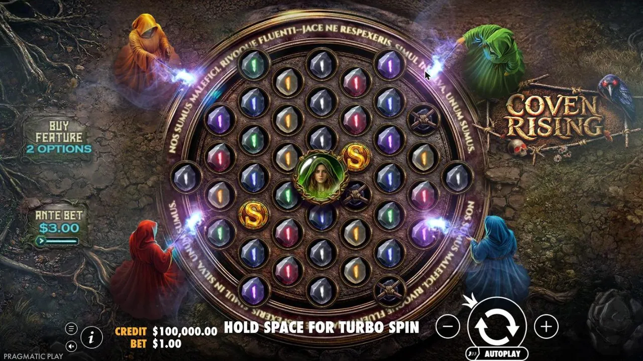 Coven Rising base game at a $1 bet: a round stone board of rune gems with the Green Witch in the centre and four robed witches around it
