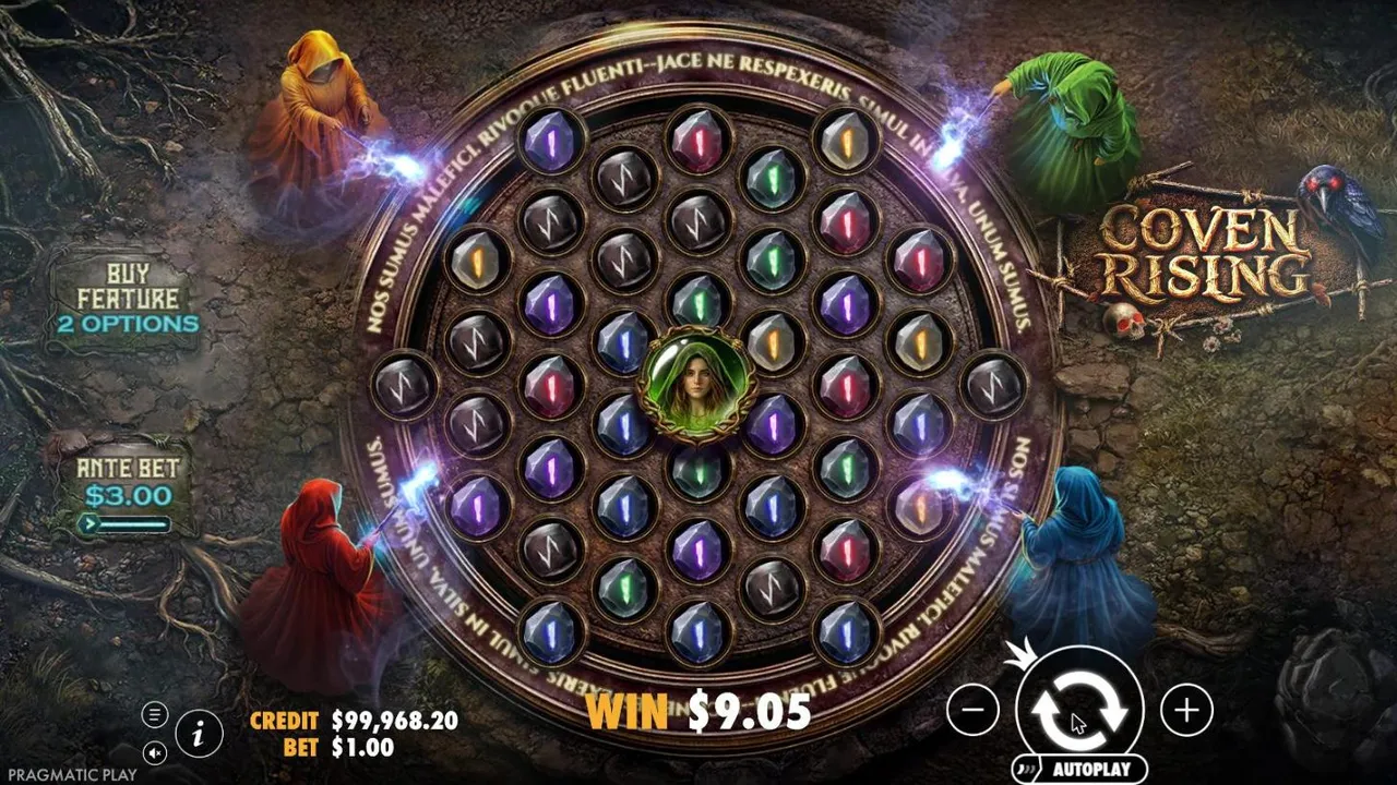 Coven Rising spin 94 at a $1 bet, settled after a respin chain: the Green Witch in the centre spot, WIN $9.05 and CREDIT $99,968.20