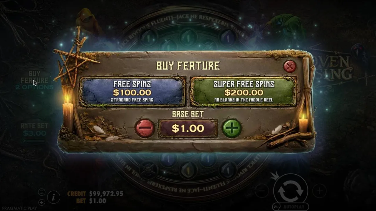 Coven Rising Buy Feature menu at a $1 base bet: Free Spins $100.00 and Super Free Spins $200.00 with no blanks in the middle reel