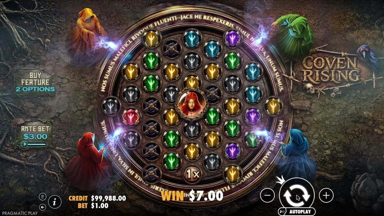 Coven Rising spin 37 at a $1 bet, settled: an upgraded Red Witch in the centre with every gem levelled up, WIN $7.00, CREDIT $99,988.00