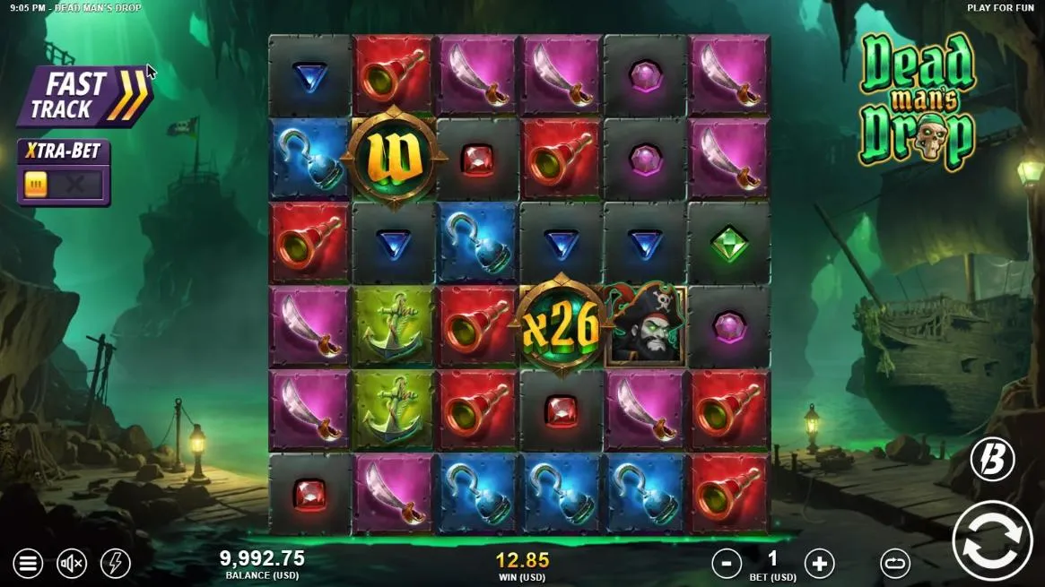 Dead Man's Drop base spin 28 at a $1 bet, settled: a merged x26 Multiplier Wild beside a pirate captain and a gold W Wild, WIN 12.85