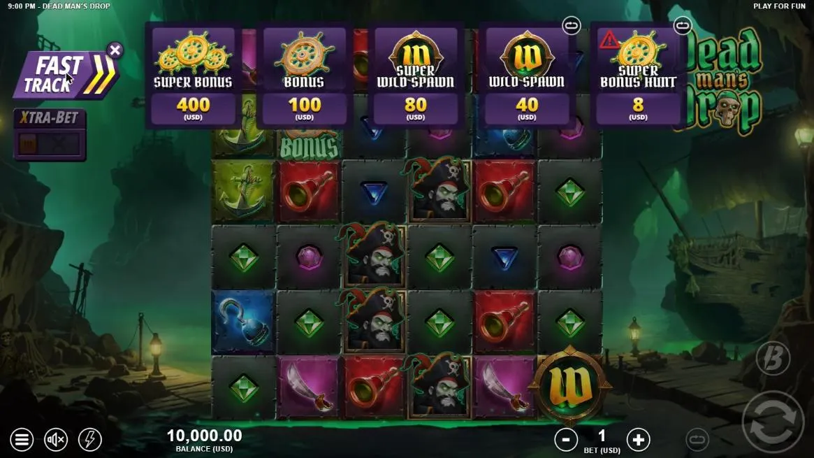 Dead Man's Drop Fast Track menu at a $1 bet: Super Bonus 400, Bonus 100, Super Wild Spawn 80, Wild Spawn 40 and Super Bonus Hunt 8 USD