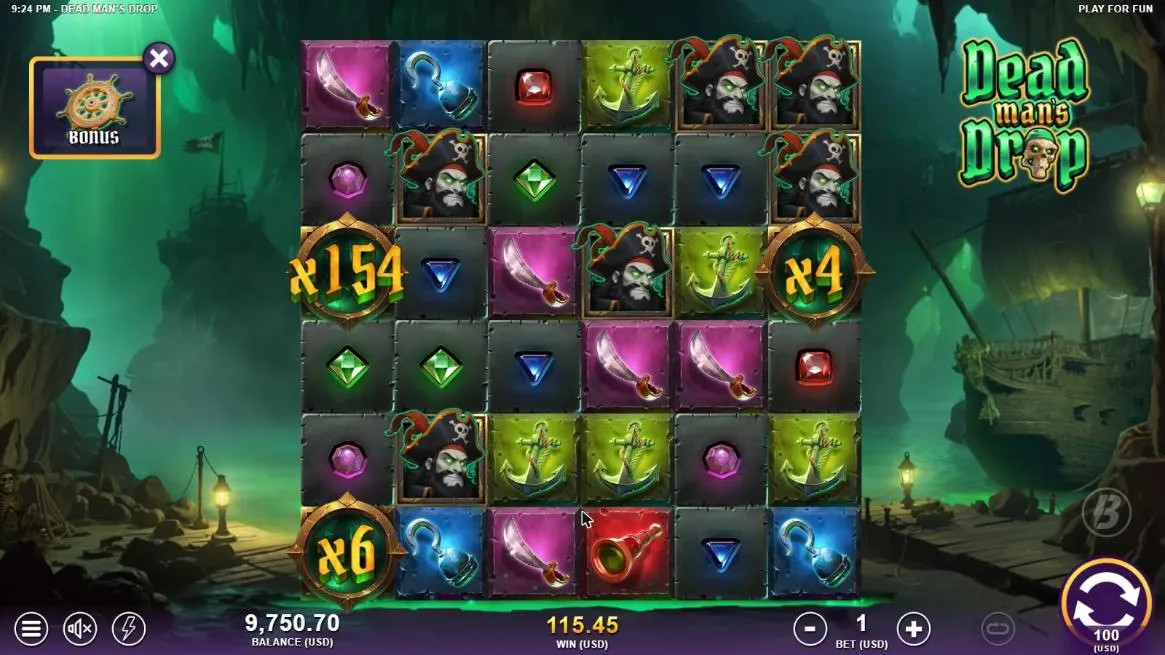 Dead Man's Drop board after our $100 Bonus buy: Multiplier Wilds of x154, x4 and x6 among pirate captains, WIN 115.45, balance 9,750.70