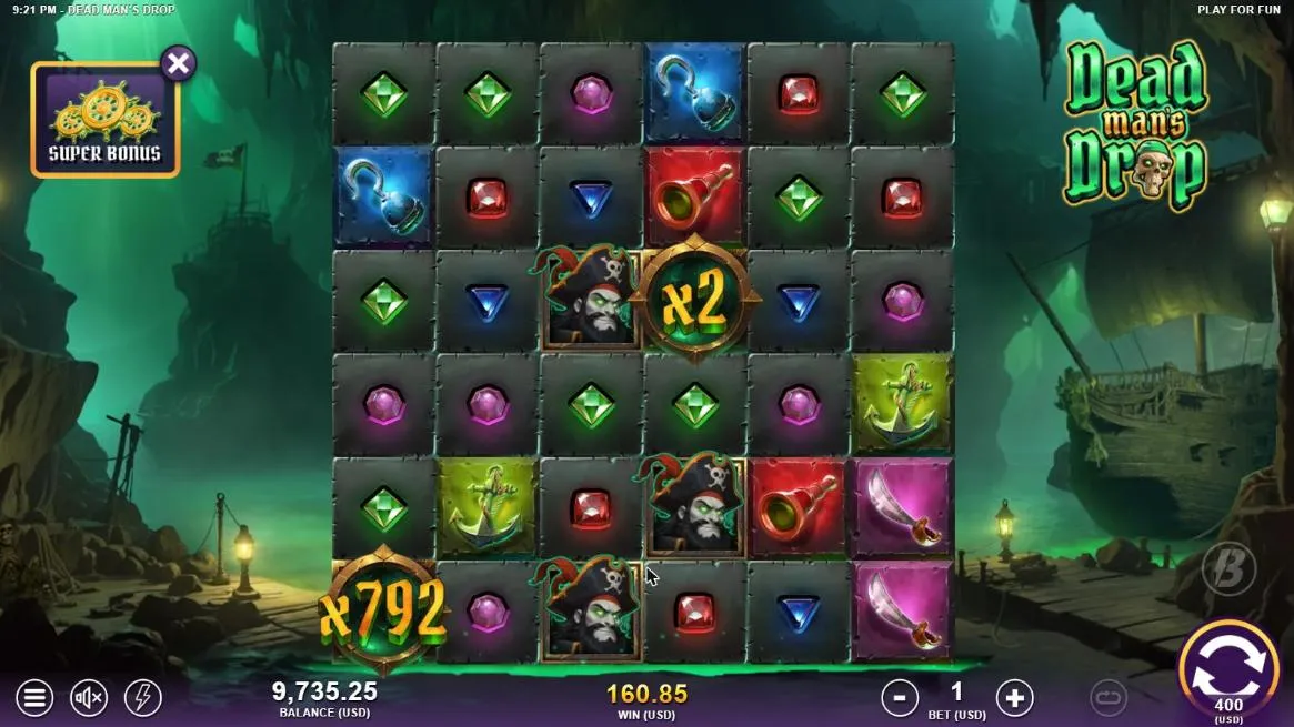 Dead Man's Drop board after our $400 Super Free Spins buy: a x792 Wild in the bottom-left corner and a x2 Wild, WIN 160.85, balance 9,735.25
