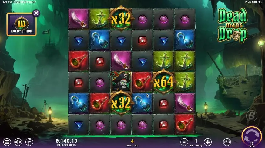 Dead Man's Drop Wild Spawn spin 10 at $40 a spin, settled: Multiplier Wilds of x32, x32 and x64 on the grid, WIN 4, balance 9,140.10