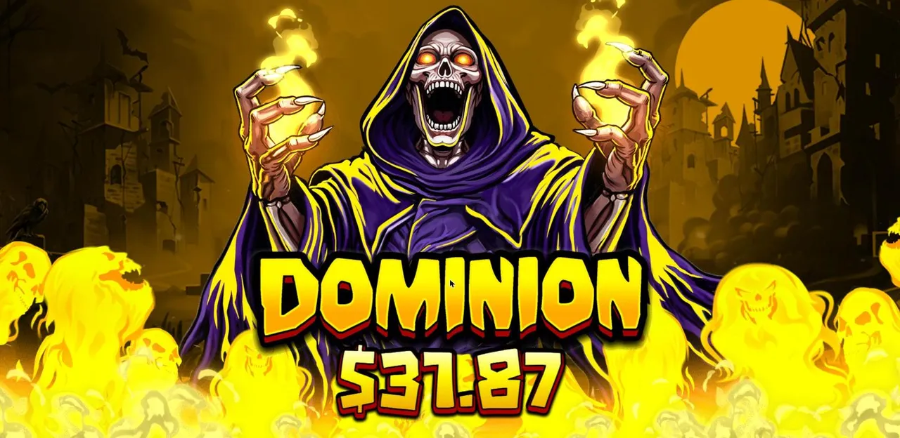 Death Dominion DOMINION win screen: the screaming reaper with flaming hands over yellow ghost flames, counting up during the Free Spins buy
