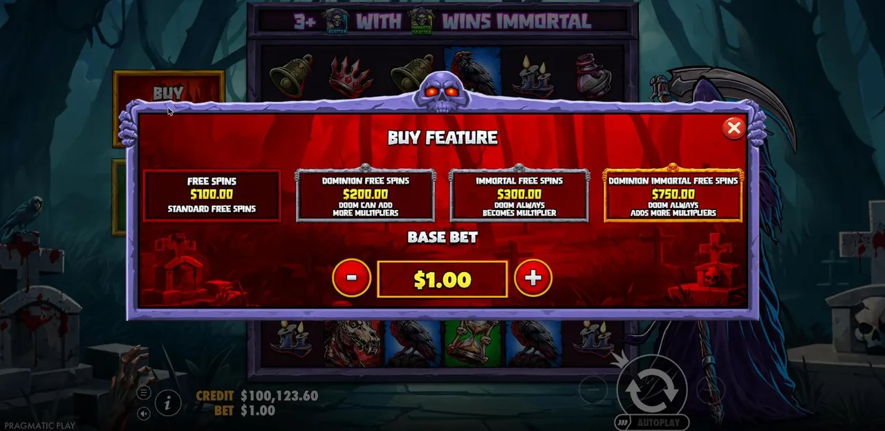 Death Dominion Buy Feature menu at a $1 bet: four free spins rounds priced $100, $200, $300 and $750