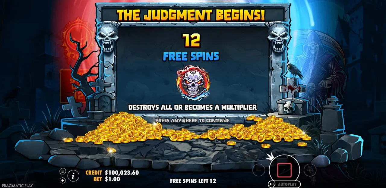 Death Dominion free spins award screen for 12 spins, showing the Doom symbol that destroys all multipliers or becomes one
