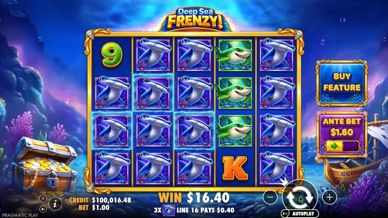 Deep Sea Frenzy spin 30 at a $1 bet, settled: hammerhead sharks across most of the grid and green sharks on reel 4, WIN $16.40