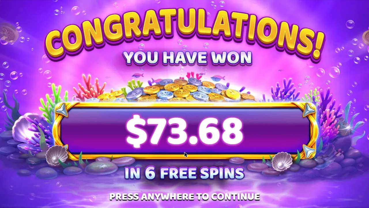 Deep Sea Frenzy result screen after the spin 54 free spins: Congratulations, you have won $73.68 in 6 free spins, over a heap of coins