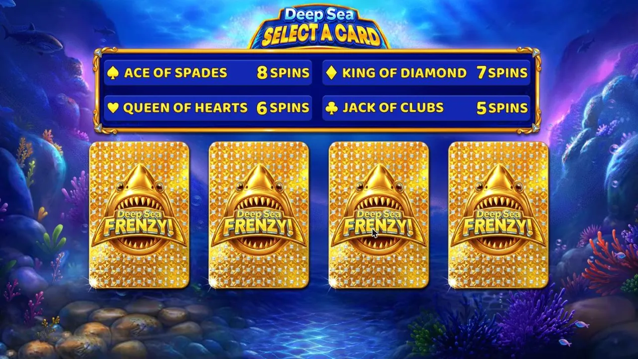 Deep Sea Frenzy Select a card screen after the $170 buy: Ace 8 spins, King 7, Queen 6 and Jack 5, over four gold shark cards