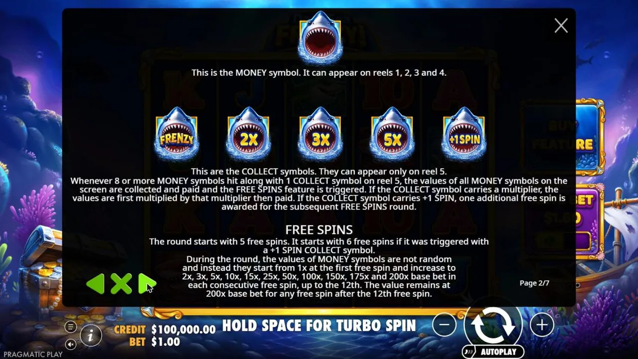 Deep Sea Frenzy rules page: the money shark, the FRENZY, 2x, 3x, 5x and +1 SPIN collectors, and the free spins value ladder