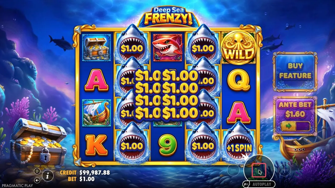 Deep Sea Frenzy spin 19 at a $1 bet: eight $1.00 money sharks on reels 2 and 4 and a +1 SPIN collector on reel 5