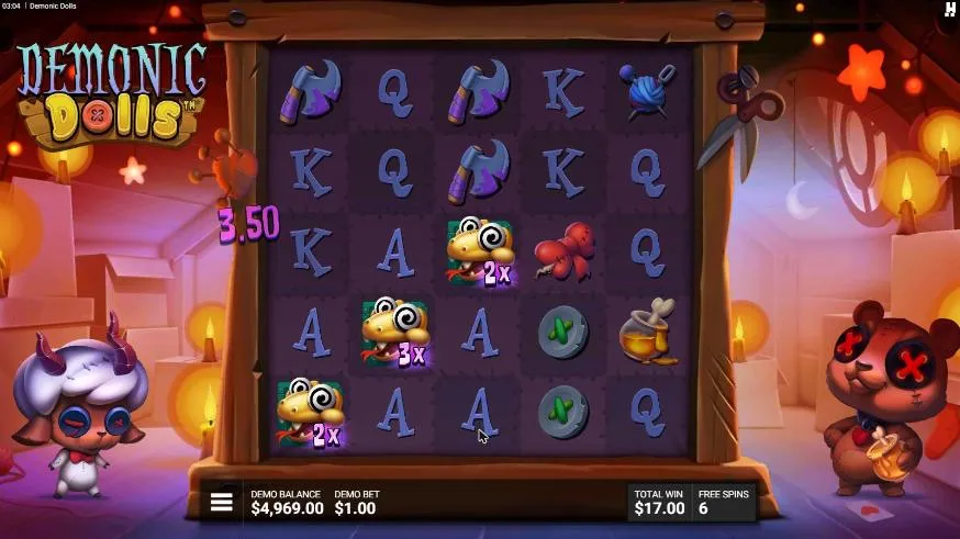 Demonic Dolls All Dolled Up free spin from base spin 85: three Wild Rattles of 2x, 3x and 2x, TOTAL WIN $17.00, six spins left