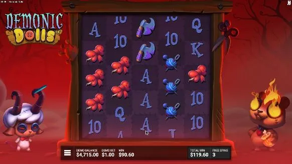 Demonic Dolls Bad Omens free spin 6 in a red-lit room, settled: red-bow and yarn clusters, WIN $90.60, TOTAL WIN $119.60