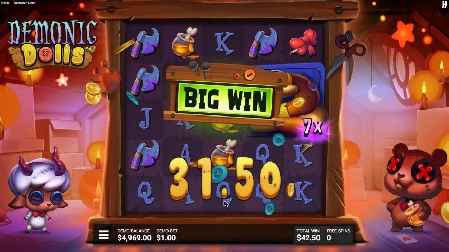 Demonic Dolls All Dolled Up last free spin: BIG WIN 31.50 on a wooden sign over a 7x Colossal Wild Rattle, horned sheep doll beside