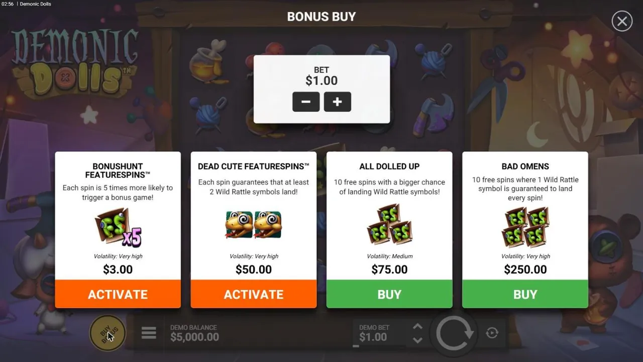 Demonic Dolls buy menu at a $1 bet: BonusHunt FeatureSpins $3, Dead Cute FeatureSpins $50, All Dolled Up $75 and Bad Omens $250