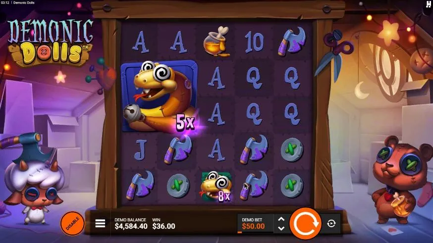 Demonic Dolls Dead Cute FeatureSpins spin 10 at a $50 bet, settled: a 2x2 Colossal Wild Rattle with 5x and an 8x rattle, WIN $36.00