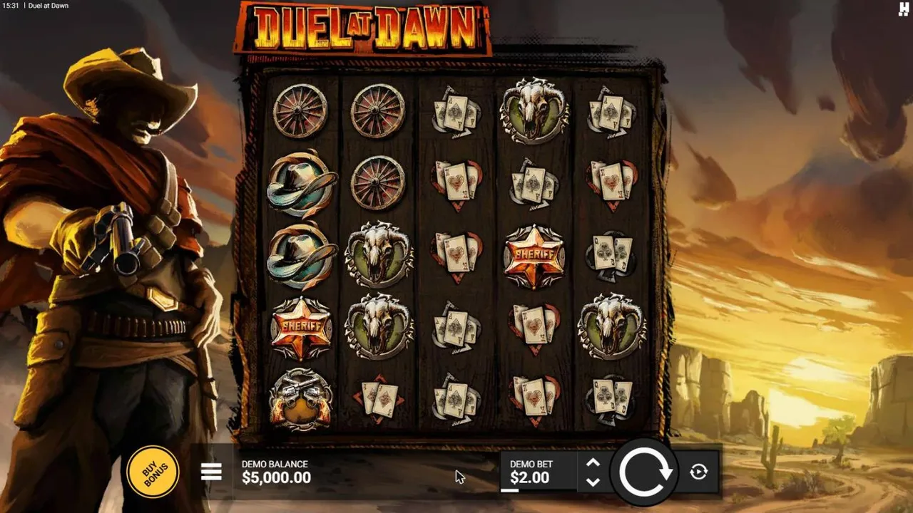Duel at Dawn base game at the opening $2 bet: a 5x5 grid of card hands, wagon wheels, ram skulls and hats beside a gunslinger in a red poncho