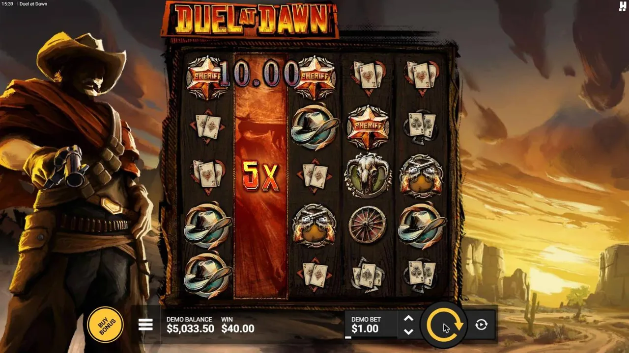 Duel at Dawn base spin 46 at a $1 bet, settled: a 5x wild reel on reel 2 through a line of sheriff badges, WIN $40.00, balance $5,033.50