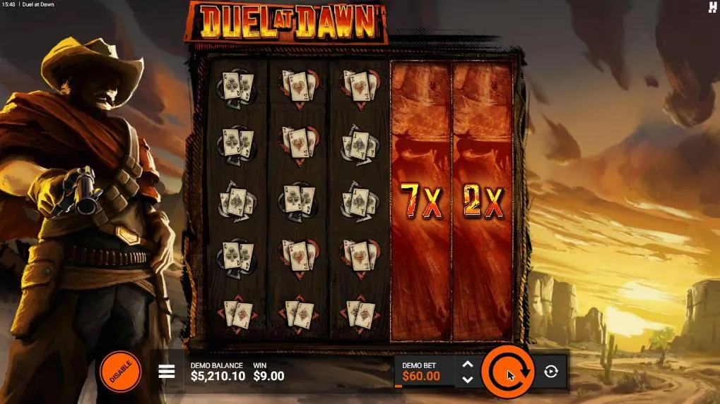 Duel at Dawn Deadly Duels FeatureSpins spin 10 at a $60 demo bet: two wild DuelReels on reels 4 and 5 at 7x and 2x, WIN $9.00