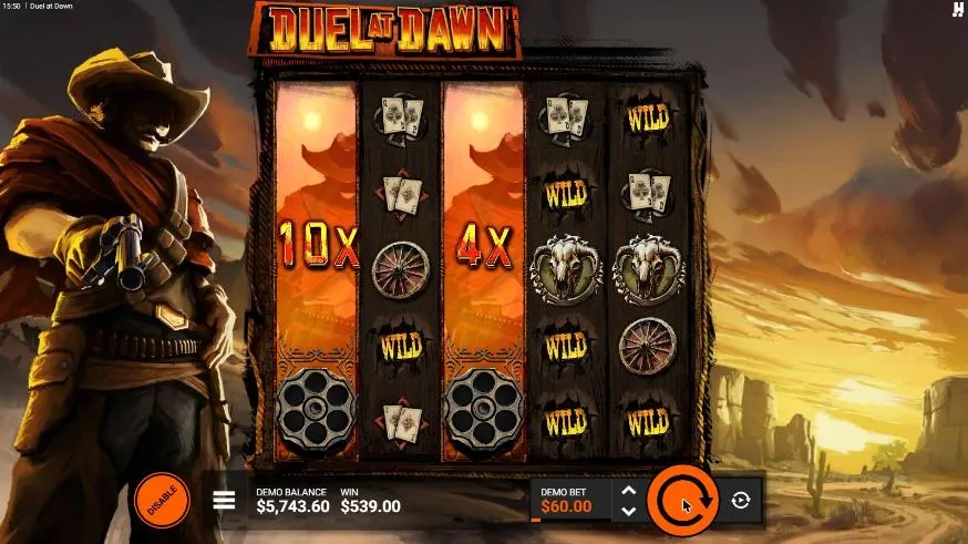 Duel at Dawn Lone Outlaw FeatureSpins spin 3 at a $60 demo bet, settled: Outlaw reels at 10x and 4x and Wilds across the grid, WIN $539.00