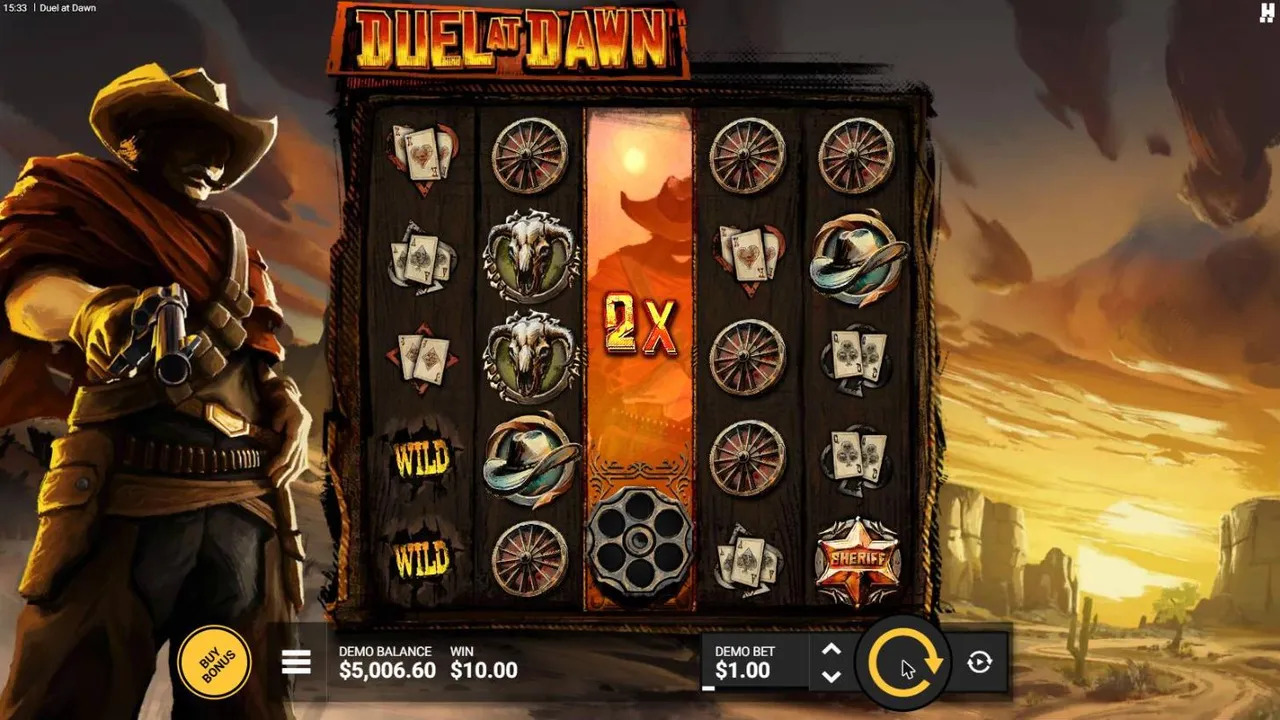 Duel at Dawn base spin 5 at a $1 bet, settled: a 2x Outlaw reel on reel 3 with its revolver and two Wilds shot onto reel 1, WIN $10.00