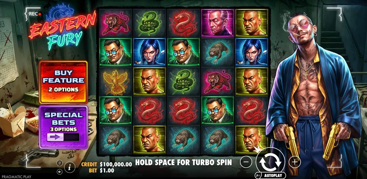 Eastern Fury base game at a $1 bet: a 5x5 grid of gang portraits and neon animals, with a tattooed gangster holding gold pistols