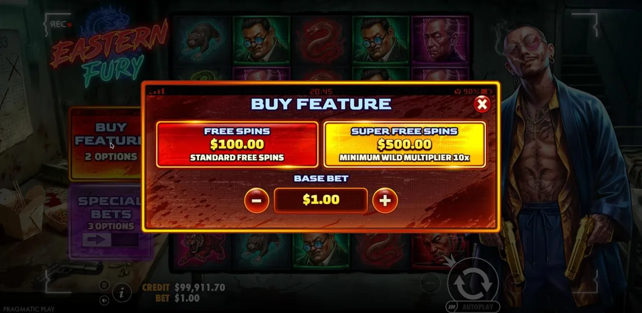 Eastern Fury Buy Feature menu at a $1 bet: Free Spins $100 and Super Free Spins $500 with a 10x minimum wild multiplier