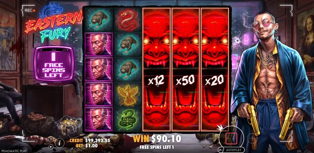 Eastern Fury Super Free Spins near the end of our $500 buy: wild reels at x12, x50 and x20 and a column of grey-haired boss symbols on reel 1