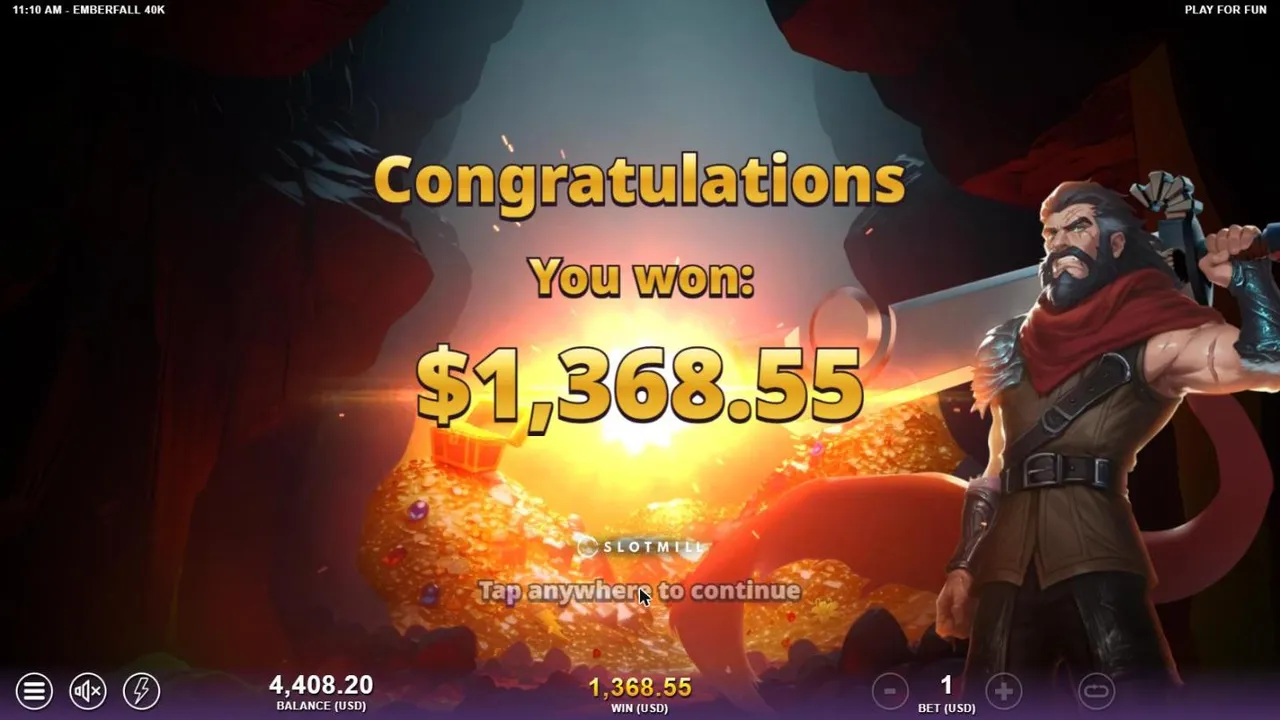 Emberfall 40k result screen after our $500 Super Free Spins buy at a $1 bet: You won $1,368.55, beside the warrior with his sword