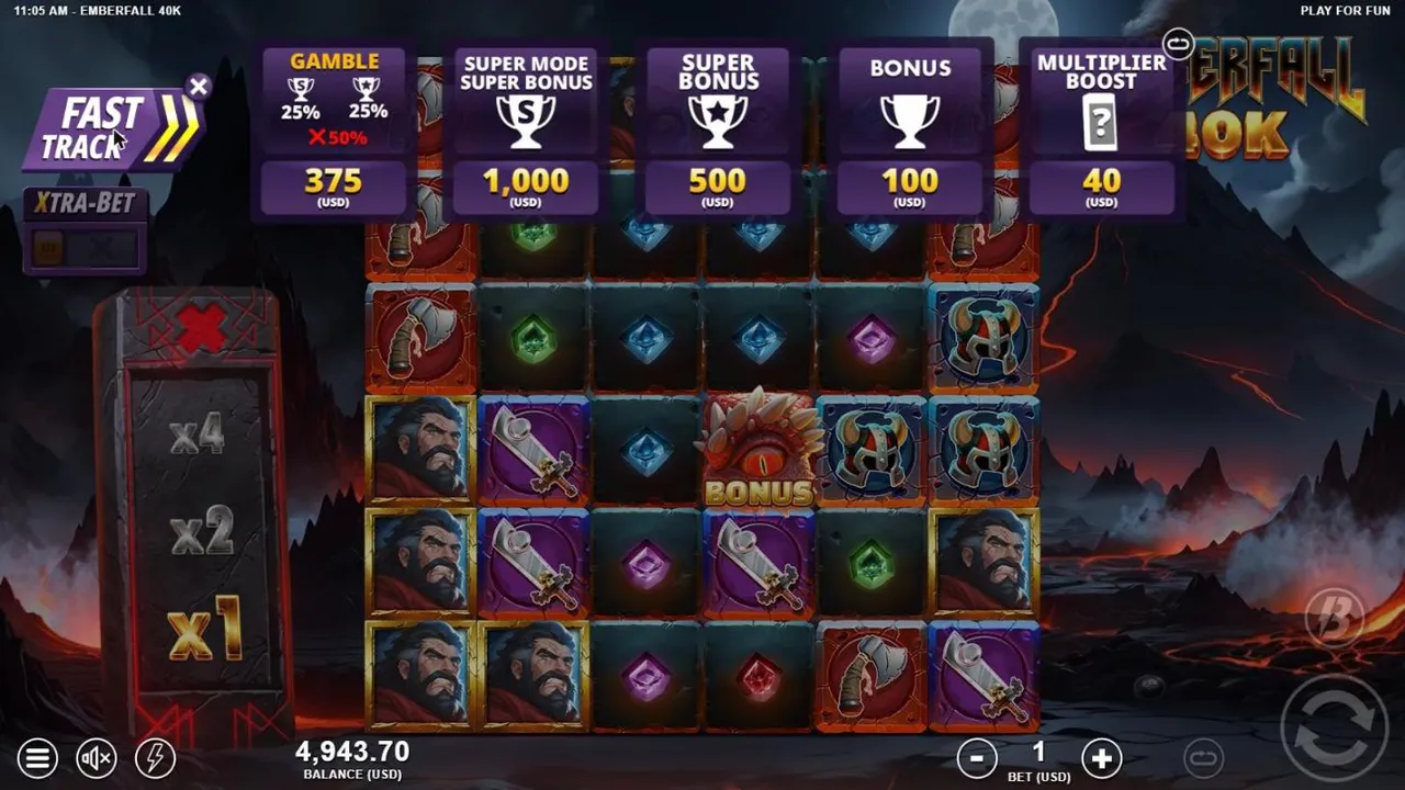 Emberfall 40k Fast Track menu at a $1 bet: Gamble 375, Super Mode Super Bonus 1,000, Super Bonus 500, Bonus 100 and Multiplier Boost 40 USD