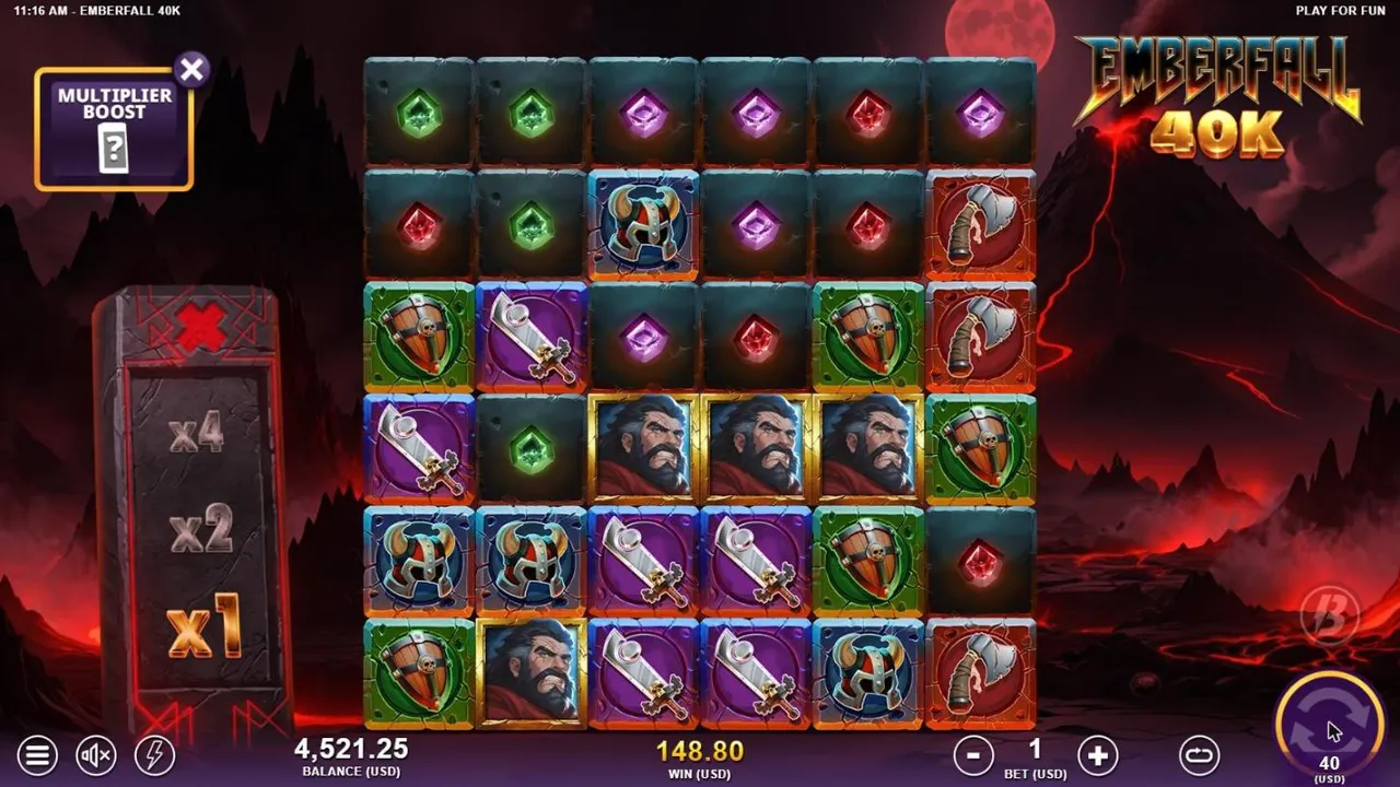 Emberfall 40k Multiplier Boost spin 4 at $40 on a $1 bet, settled: warriors, swords and shields on the grid, WIN 148.80, balance 4,521.25