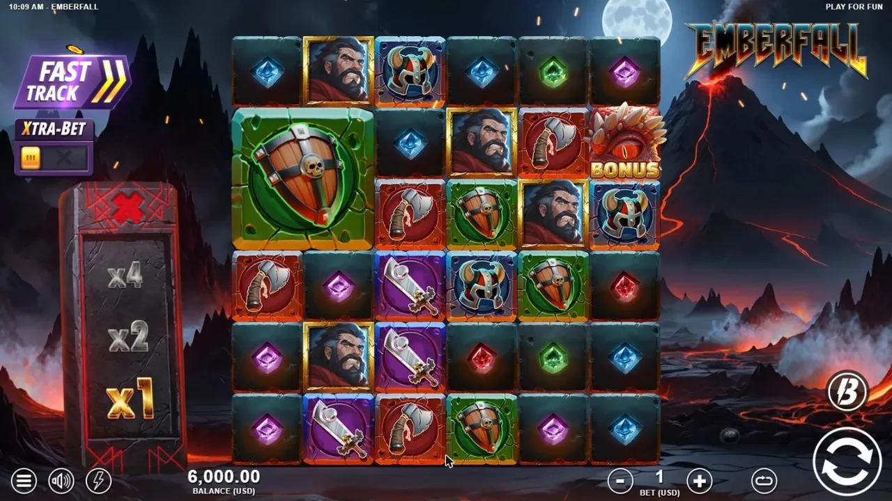 Emberfall base game at a $1 bet: a 6x6 grid of warriors, axes, swords and gems with a 2x2 giant shield, a Bonus eye and the x1 pillar