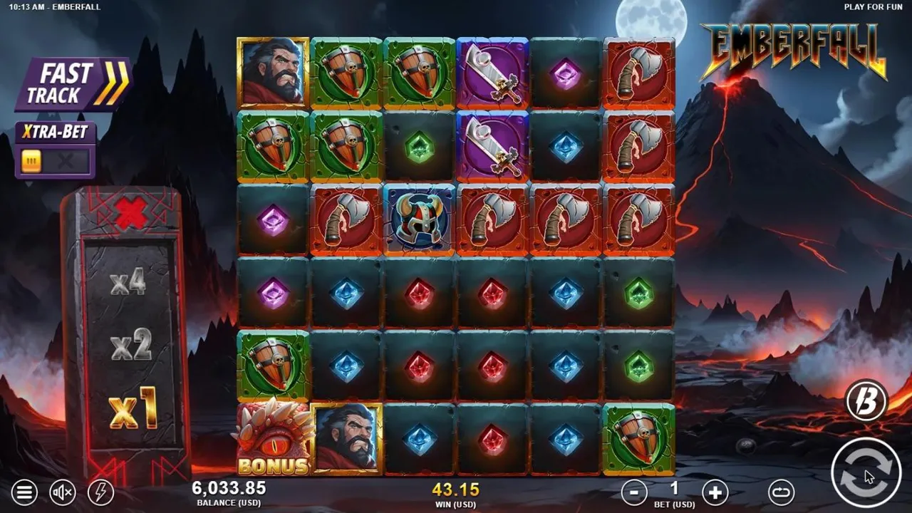 Emberfall base spin 17 at a $1 bet, settled: rows of axes, shields and gems below the volcano, the pillar at x1, WIN 43.15, balance 6,033.85