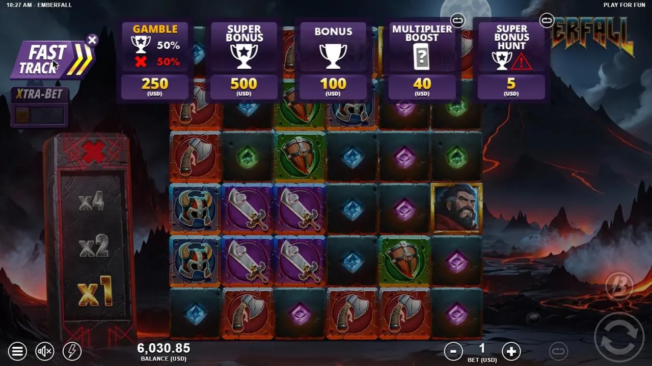 Emberfall Fast Track menu at a $1 bet: Gamble 250 with 50% / 50%, Super Bonus 500, Bonus 100, Multiplier Boost 40 and Super Bonus Hunt 5 USD