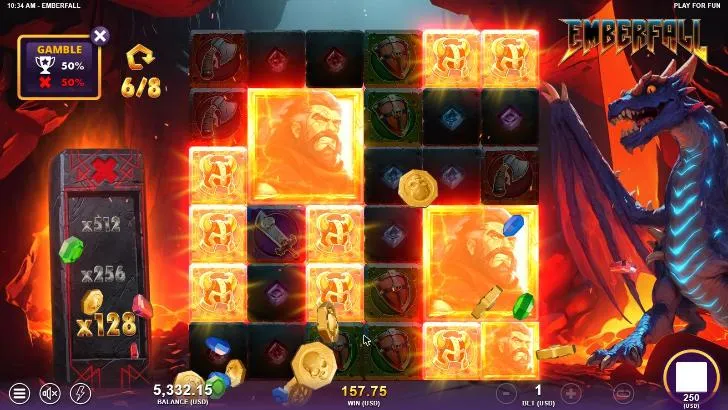 Emberfall Super free spin 6 of 8 from the Gamble: 2x2 giant warriors bursting into flame and the multiplier pillar lit at x128