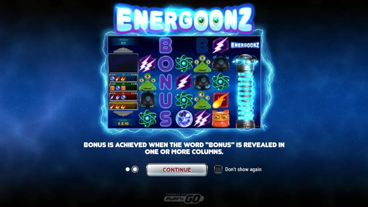 Energoonz intro screen: an example board with a cleared column spelling BONUS beside the energy tube, the trigger for the bonus game