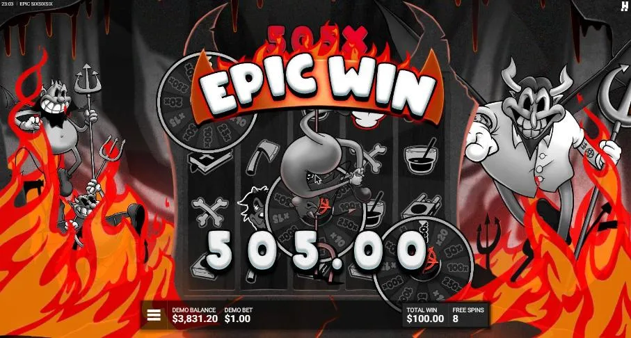 Epic SixSixSix What the Hell free spin 2 from our $1,000 buy: EPIC WIN 505.00 in flames over a red board with Red Wicked Wheels