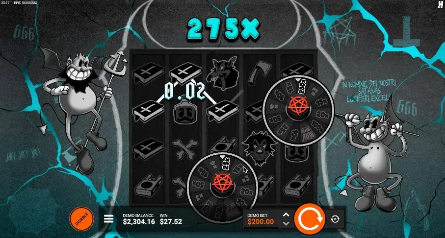 Epic SixSixSix High Roller FeatureSpins at a $0.10 bet ($200 a spin), settled: Red Wicked Wheels on 25x and 250x, WIN $27.52