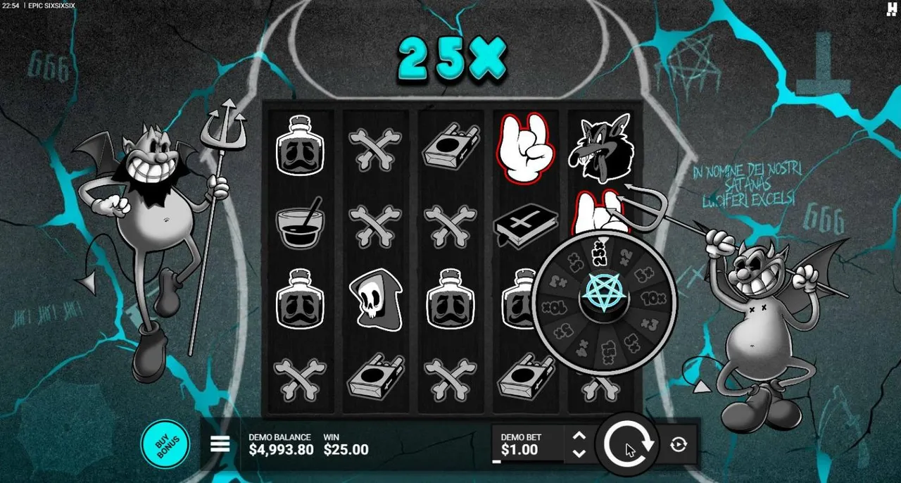 Epic SixSixSix base spin 33 at a $1 bet, settled: a Blue Wicked Wheel on reel 5 stopped on 25x, two devils beside the grid, WIN $25.00