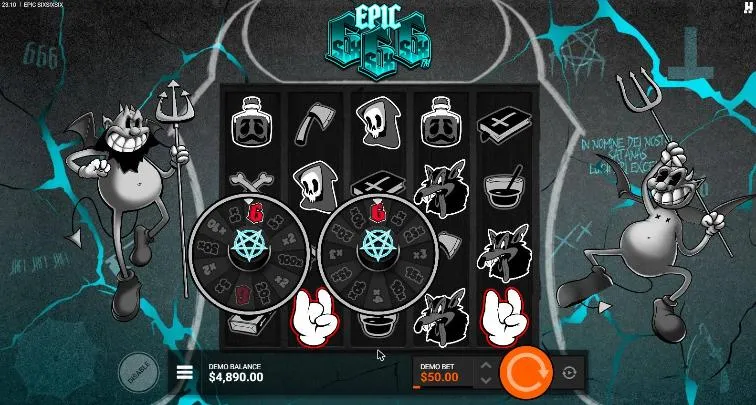 Epic SixSixSix Wicked FeatureSpins spin 6 at a $50 bet: two Wicked Wheels on reels 1 and 3 stopped on the red 6 slice