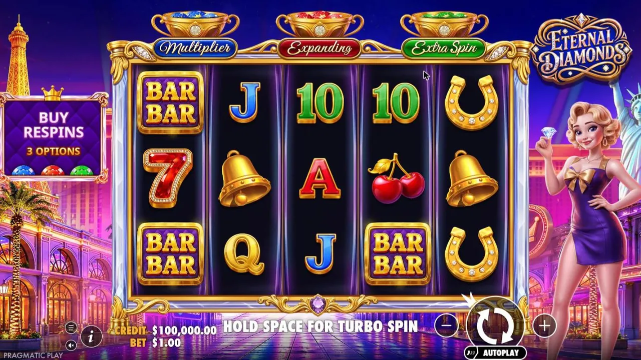 Eternal Diamonds base game at a $1 bet: 7s, bells, cherries and BAR symbols on 5x3 reels, with Multiplier, Expanding and Extra Spin pots above