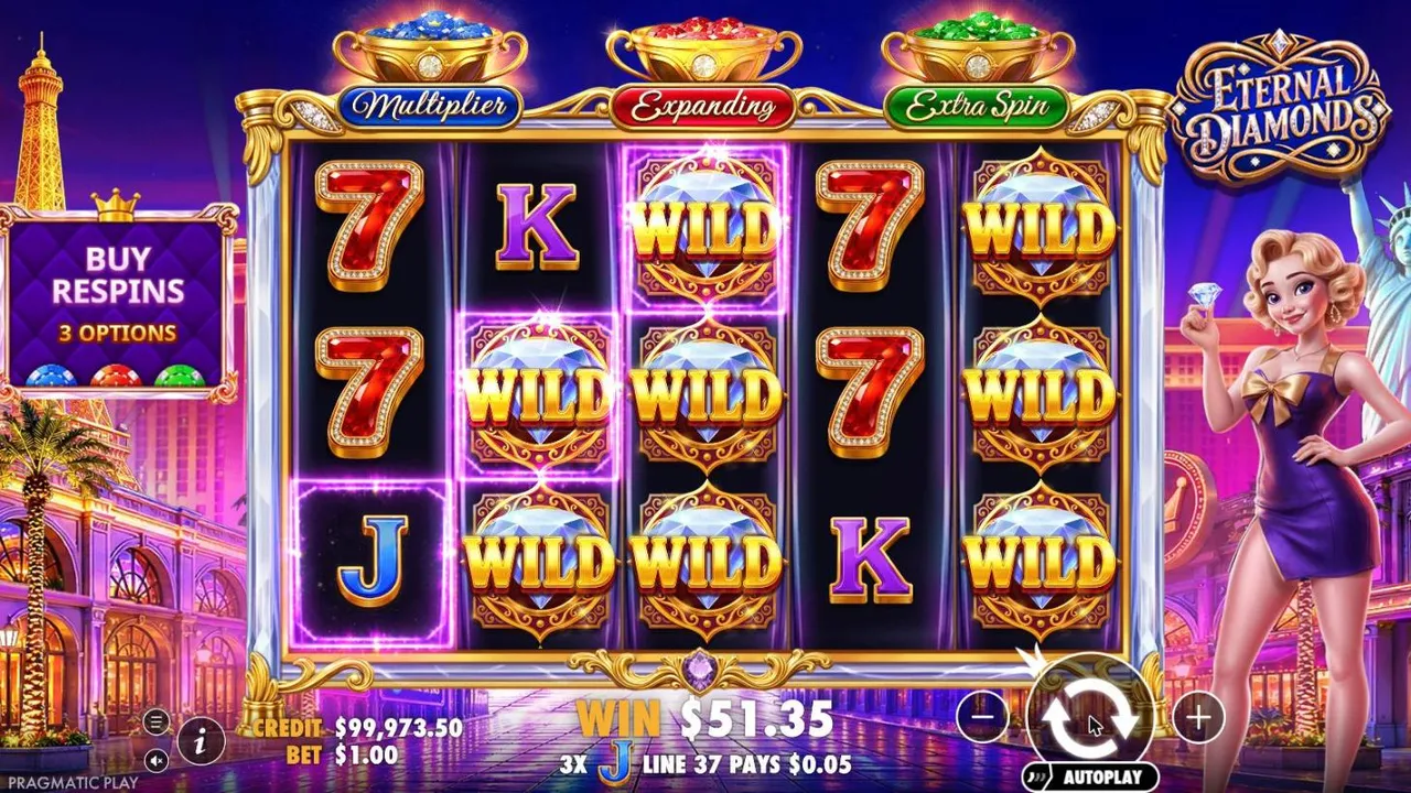 Eternal Diamonds spin 94 at a $1 bet, settled: four red 7s on reels 1 and 4 and eight diamond wilds on reels 2, 3 and 5, WIN $51.35