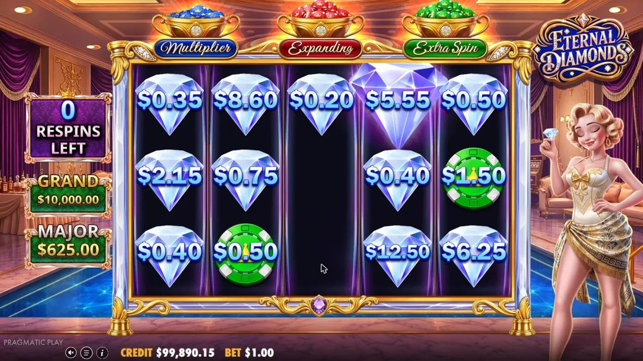 Eternal Diamonds respin board at the end of our $150 Respin 2 buy: diamonds worth $0.20 to $12.50 and two green chips, with the jackpot panels