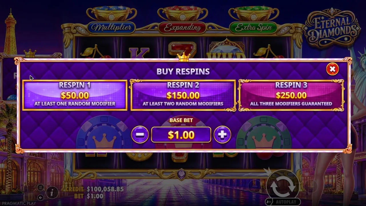 Eternal Diamonds Buy Respins menu at a $1 base bet: Respin 1 $50.00, Respin 2 $150.00 and Respin 3 $250.00 with all three modifiers