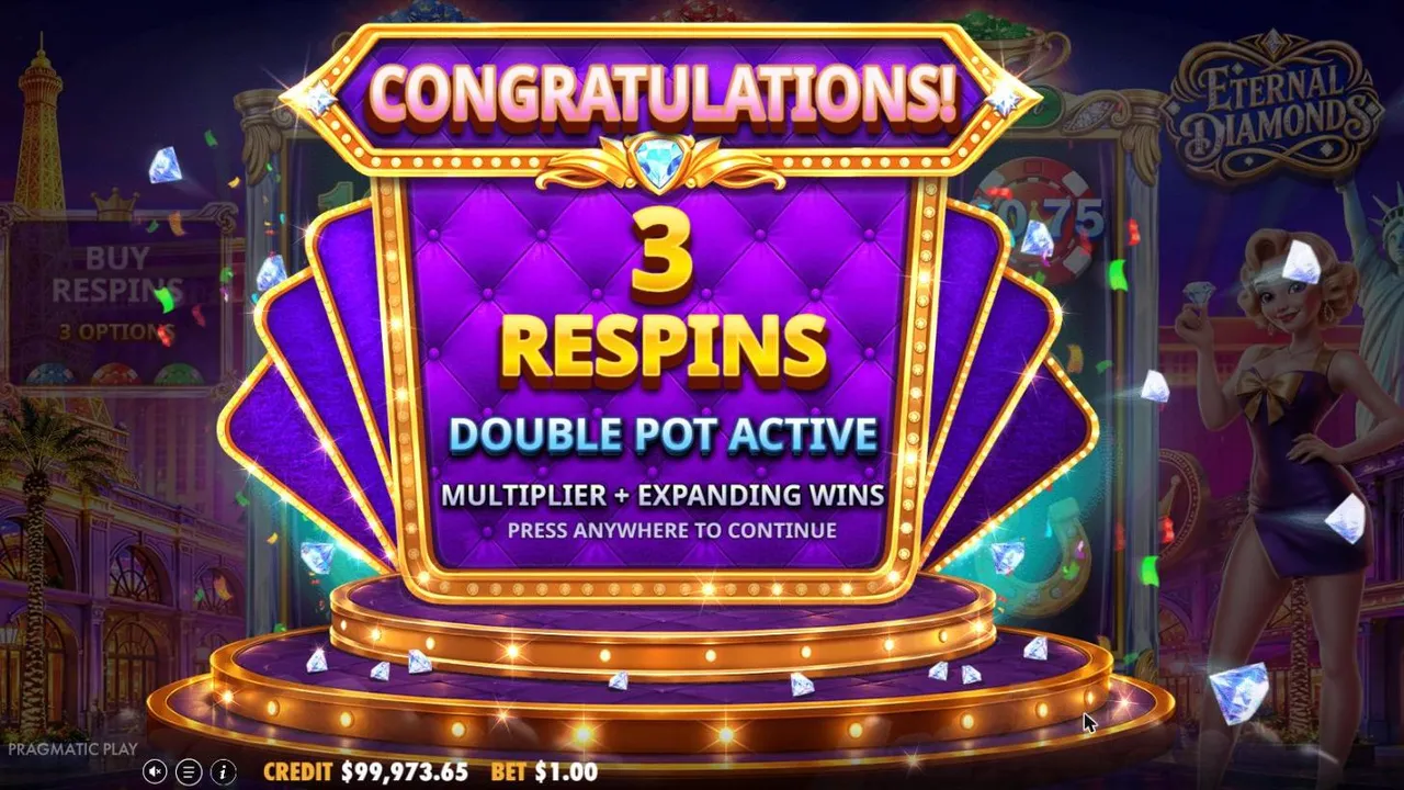Eternal Diamonds award screen on spin 98: 3 respins, Double Pot Active, with Multiplier and Expanding switched on, on a purple card stand