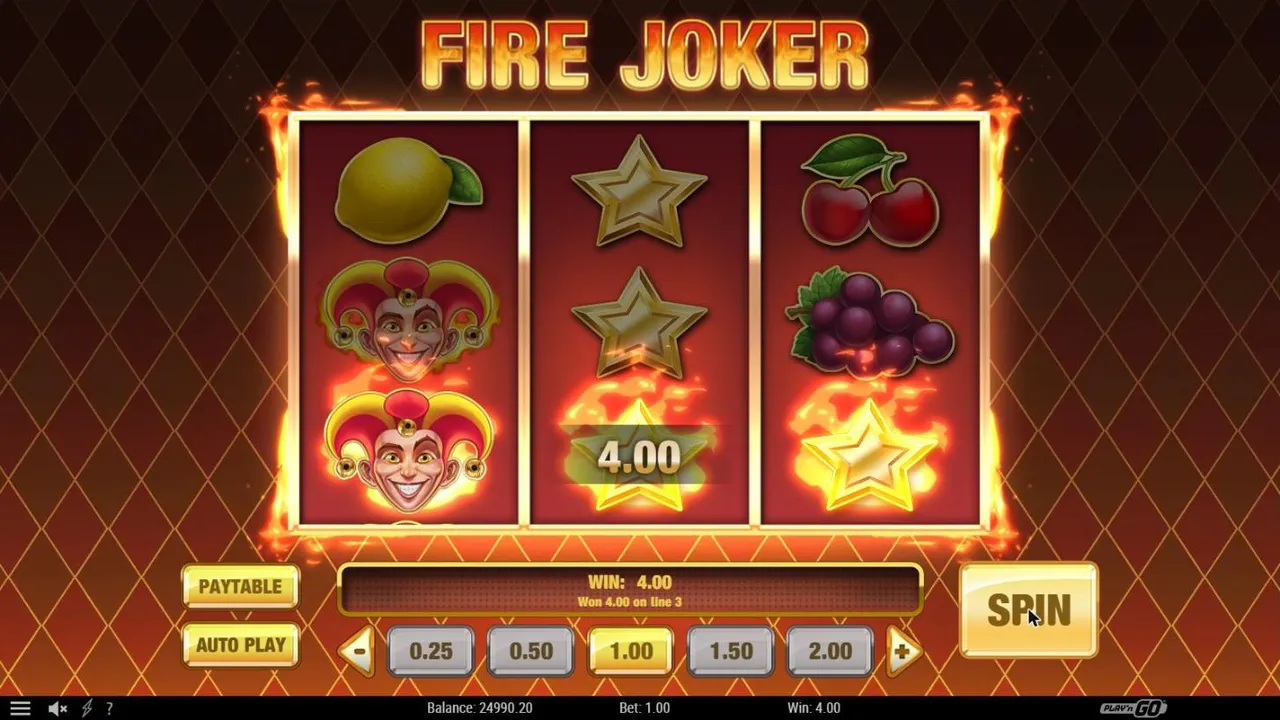 Fire Joker base spin 17 at a $1 bet, settled: two Fire Jokers on reel 1 and stars on the bottom line labelled 4.00, WIN 4.00