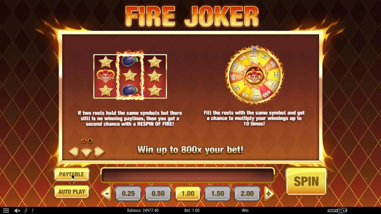 Fire Joker paytable page 1: a Respin of Fire example with two star reels, the Wheel of Multipliers to x10 and Win up to 800x your bet